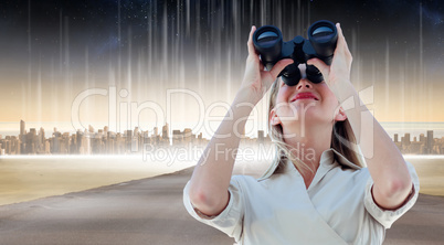 Composite image of businesswoman looking through binoculars