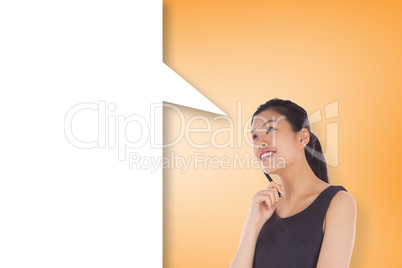 Composite image of thinking businesswoman with speech bubble