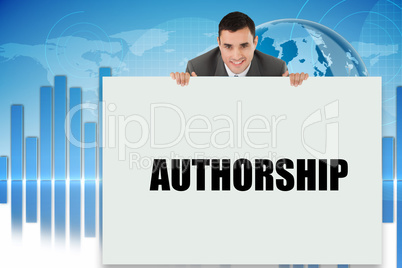 Businessman showing card saying authorship