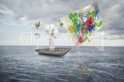 Composite image of attractive architect yelling in a sailboat