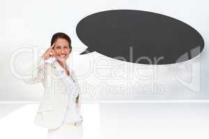 Composite image of thinking businesswoman with speech bubble