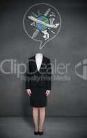 Headless businesswoman with globe in speech bubble