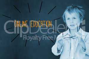 Online education against schoolboy and blackboard