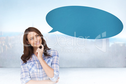 Composite image of thoughtful woman with speech bubble