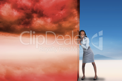 Composite image of businesswoman pushing away scene