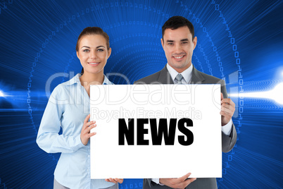 Business partners holding card saying news