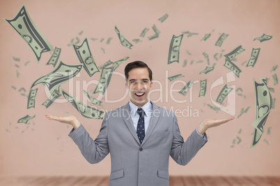 Composite image of smiling businessman presenting dollars with h