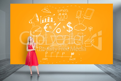 Composite image of thoughtful blonde wearing red dress