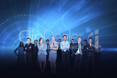 Business team against blue light background Business team against blue light background