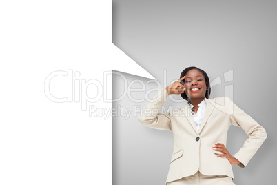 Composite image of thinking businesswoman with speech bubble