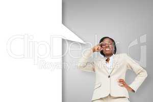 Composite image of thinking businesswoman with speech bubble