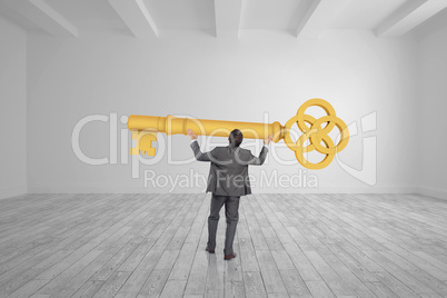 Composite image of businessman posing with arms raised