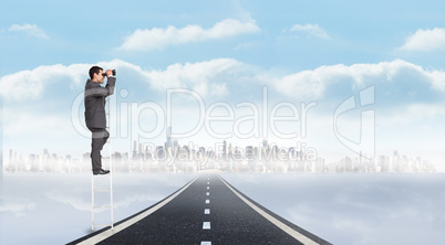 Composite image of businessman standing on ladder