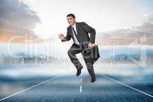 Composite image of cheerful businessman in a hurry