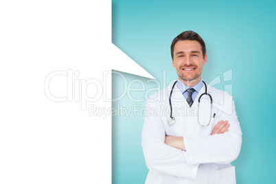 Composite image of handsome young doctor with arms crossed with