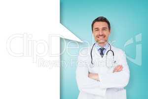 Composite image of handsome young doctor with arms crossed with