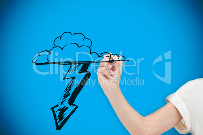 Composite image of businesswoman drawing cloud with lightning