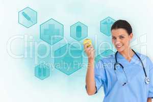 Composite image of happy surgeon holding an apple and smiling at