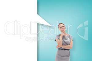 Composite image of thoughtful woman posing in dress with speech