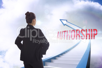 Authorship against red staircase arrow pointing up against sky