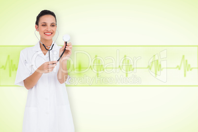 Composite image of pretty nurse listening with stethoscope