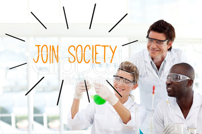 Join society against scientists working in laboratory