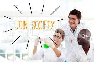 Join society against scientists working in laboratory