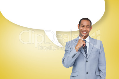 Composite image of thinking businessman with speech bubble