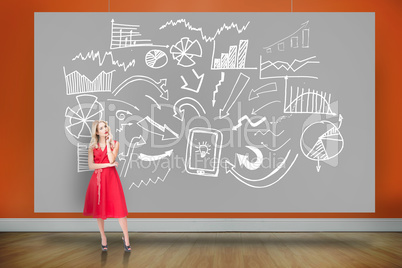 Composite image of thoughtful blonde wearing red dress