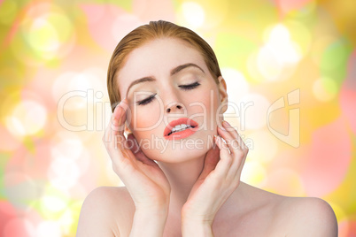 Composite image of beautiful redhead posing with hands