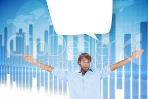 Composite image of handsome man raising hands with speech bubble