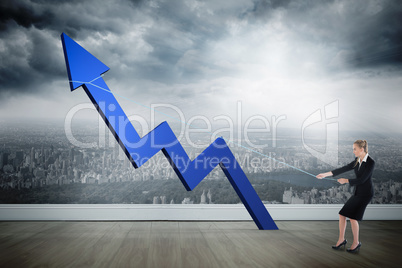 Composite image of businesswoman pulling a rope around arrow