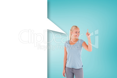 Charming woman pointing with speech bubble