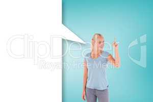 Charming woman pointing with speech bubble