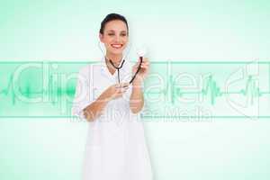 Composite image of pretty nurse listening with stethoscope