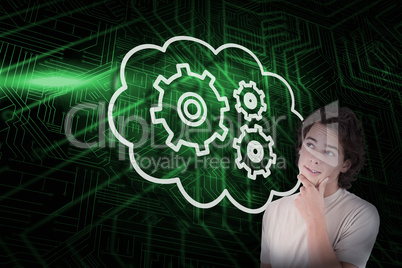 Composite image of cogs and wheels in cloud with casual thinking