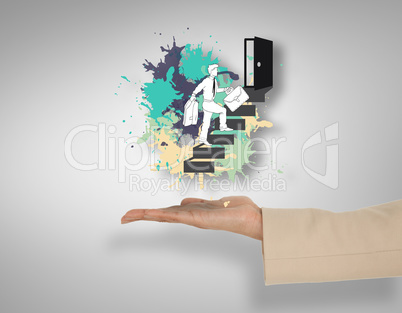 Composite image of female hand presenting businessman climbing s