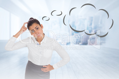 Composite image of worried businesswoman with speech bubble