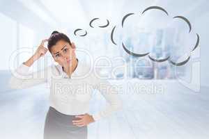 Composite image of worried businesswoman with speech bubble