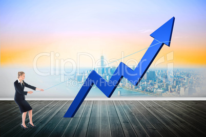 Composite image of businesswoman pulling a rope around arrow Composite image of businesswoman pulling a rope around arrow