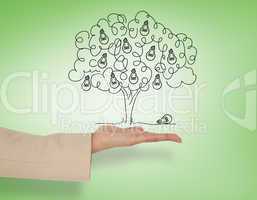 Composite image of female hand presenting light bulb tree