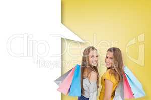 Composite image of two young women with shopping bags with speec