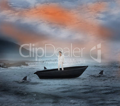 Composite image of thinking businesswoman in a sailboat