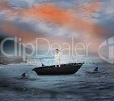 Composite image of thinking businesswoman in a sailboat