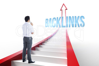 Backlinks against red arrow with steps graphic