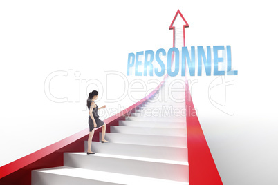 Personnel against red arrow with steps graphic