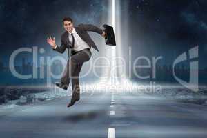 Composite image of smiling businessman in a hurry