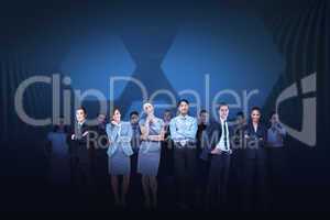 Business team against blue hexagon background