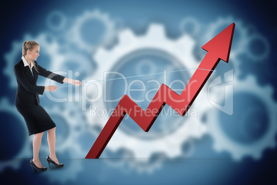 Composite image of businesswoman pulling a rope around arrow