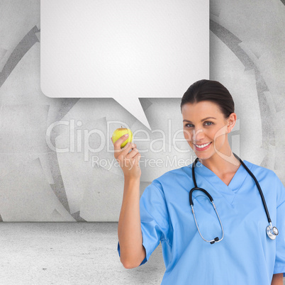 Composite image of happy surgeon holding an apple and smiling at